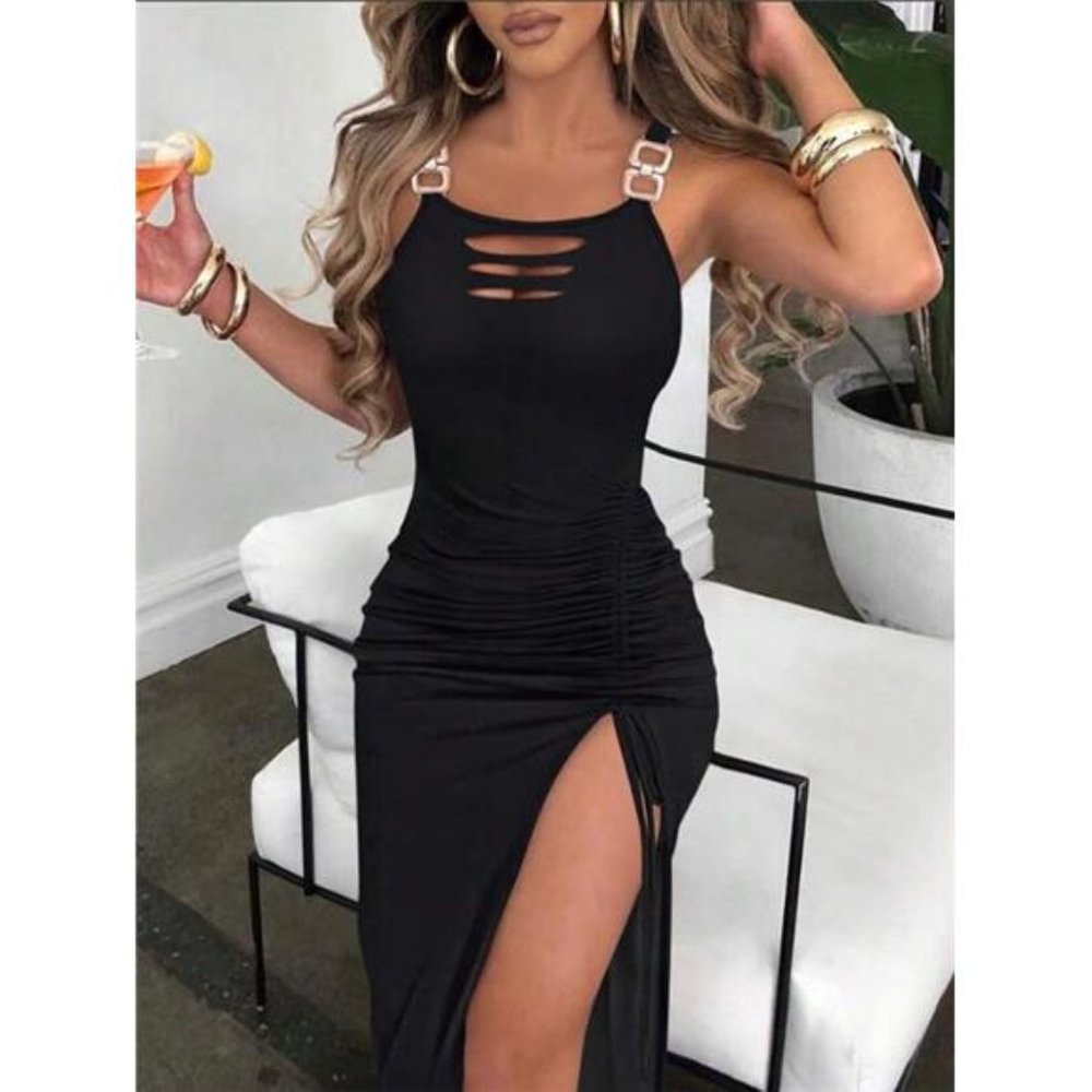 Summer Women Solid Color Strap Dress With Metal Embellishments And Drawstring